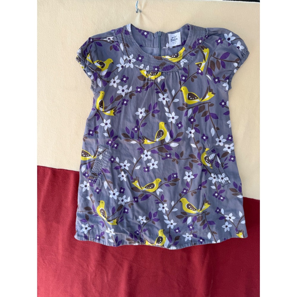 Mini Boden Girls Gray Bird Floral Print Cotton Dress Short Sleeve Size 5-6Y‎